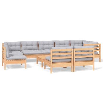 10-tlg. Garten-Lounge-Set mit Grauen Kissen Kiefer Massivholz