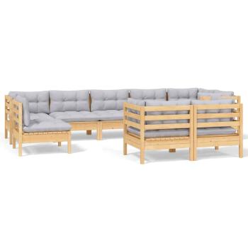 9-tlg. Garten-Lounge-Set mit Grauen Kissen Kiefer Massivholz