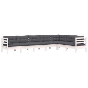 7-tlg. Garten-Lounge-Set mit Kissen Weiß Kiefer Massivholz
