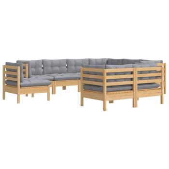 9-tlg. Garten-Lounge-Set mit Grauen Kissen Kiefer Massivholz