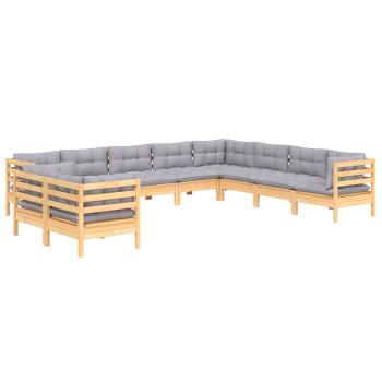 10-tlg. Garten-Lounge-Set mit Grauen Kissen Massivholz Kiefer