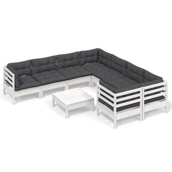 9-tlg. Garten-Lounge-Set mit Kissen Weiß Kiefernholz