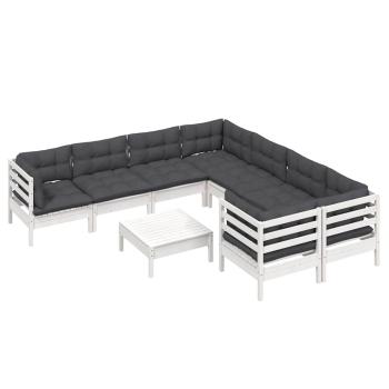 9-tlg. Garten-Lounge-Set mit Kissen Weiß Kiefernholz