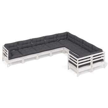 9-tlg. Garten-Lounge-Set mit Kissen Weiß Kiefernholz