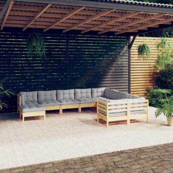 ARDEBO.de - 10-tlg. Garten-Lounge-Set mit Grauen Kissen Kiefernholz