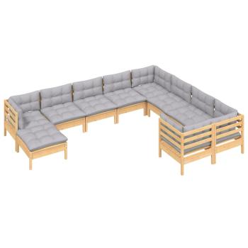 10-tlg. Garten-Lounge-Set mit Grauen Kissen Kiefernholz