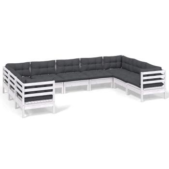 9-tlg. Garten-Lounge-Set mit Kissen Weiß Kiefernholz