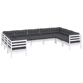 9-tlg. Garten-Lounge-Set mit Kissen Weiß Kiefernholz