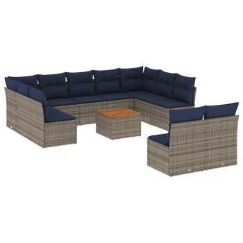 12-tlg. Garten-Sofagarnitur mit Kissen Grau Poly Rattan