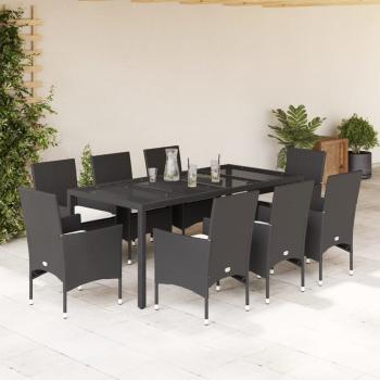 ARDEBO.de - 9-tlg. Garten-Essgruppe mit Kissen Schwarz Poly Rattan und Glas