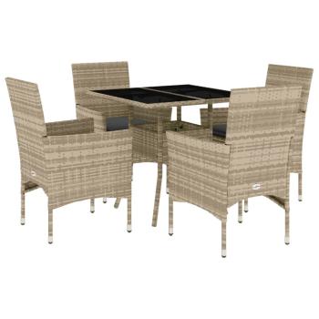 5-tlg. Garten-Essgruppe mit Kissen Hellgrau Poly Rattan Glas