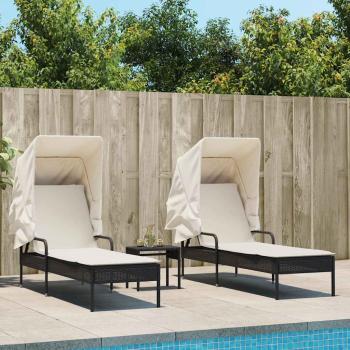 ARDEBO.de - Sonnenliegen 2 Stk. mit Dach und Tisch Schwarz Poly-Rattan