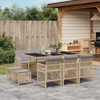 ARDEBO.de - 11-tlg. Garten-Essgruppe mit Kissen Beige Poly Rattan
