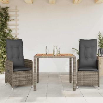 ARDEBO.de - 3-tlg. Garten-Bistro-Set mit Kissen Grau Poly Rattan