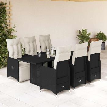 ARDEBO.de - 7-tlg. Garten-Bistro-Set mit Kissen Schwarz Poly Rattan