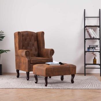 ARDEBO.de - Chesterfield-Sessel und Fu?hocker Braun Wildleder-Optik