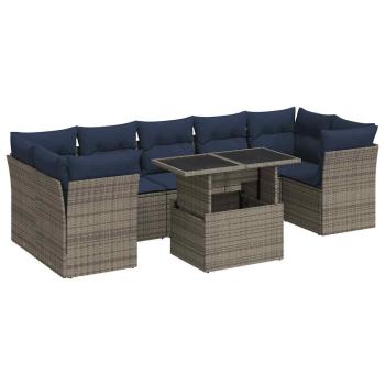 8-tlg. Garten-Sofagarnitur mit Kissen Grau Poly Rattan Akazie