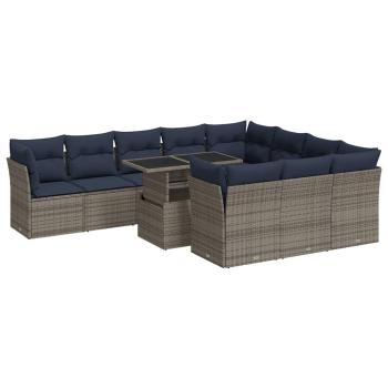 11-tlg. Garten-Sofagarnitur mit Kissen Grau Poly Rattan Akazie