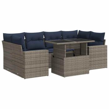 7-tlg. Garten-Sofagarnitur mit Kissen Grau Poly Rattan Akazie