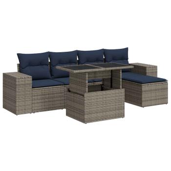 6-tlg. Garten-Sofagarnitur mit Kissen Grau Poly Rattan Akazie