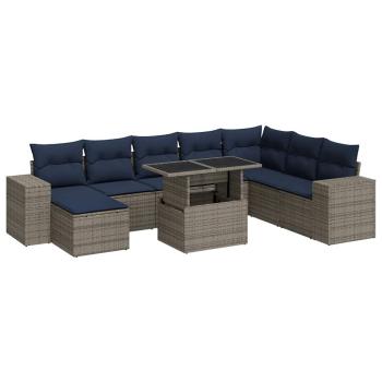 9-tlg. Garten-Sofagarnitur mit Kissen Grau Poly Rattan Akazie