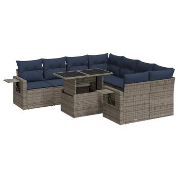 9-tlg. Garten-Sofagarnitur mit Kissen Grau Poly Rattan