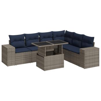 7-tlg. Garten-Sofagarnitur mit Kissen Grau Poly Rattan Akazie
