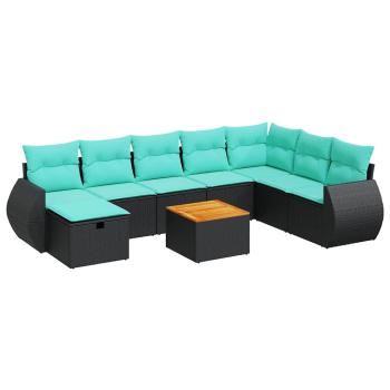 9-tlg. Garten-Sofagarnitur mit Kissen Schwarz Poly Rattan