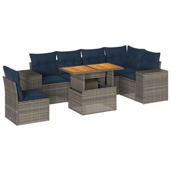 7-tlg. Garten-Sofagarnitur mit Kissen Grau Poly Rattan