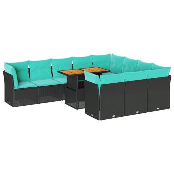 11-tlg. Garten-Sofagarnitur mit Kissen Schwarz Poly Rattan