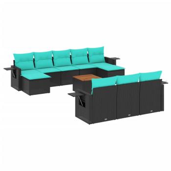 11-teiliges Gartensofa-Set mit Kissen, schwarzes Polyrattan