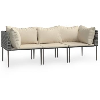 3-tlg. Garten-Lounge-Set mit Kissen Grau Poly Rattan