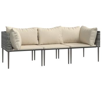 3-tlg. Garten-Lounge-Set mit Kissen Grau Poly Rattan