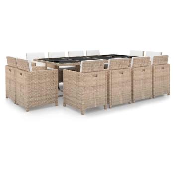 ARDEBO.de - 13-tlg. Garten-Essgruppe mit Auflagen Poly Rattan Beige