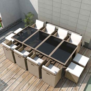 ARDEBO.de - 13-tlg. Garten-Essgruppe mit Auflagen Poly Rattan Beige