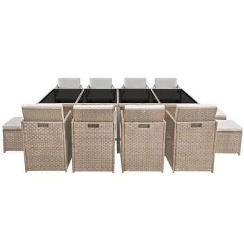 13-tlg. Garten-Essgruppe mit Auflagen Poly Rattan Beige