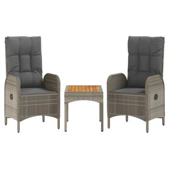 3-tlg. Garten-Lounge-Set mit Kissen Grau Poly Rattan