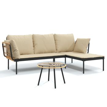 3-tlg. Garten-Lounge-Set mit Kissen Beige Poly Rattan