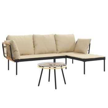 3-tlg. Garten-Lounge-Set mit Kissen Beige Poly Rattan