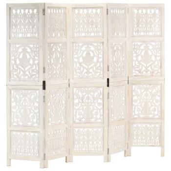 ARDEBO.de - 5tlg. Raumteiler Handgeschnitzt Weiß 200×165cm Mango Massivholz