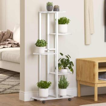 ARDEBO.de - Blumenständer 5-Etagen mit Rollen 44x23x100 cm Weiß Eisen