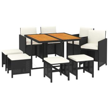 9-tlg. Garten-Essgruppe mit Kissen Poly Rattan Schwarz