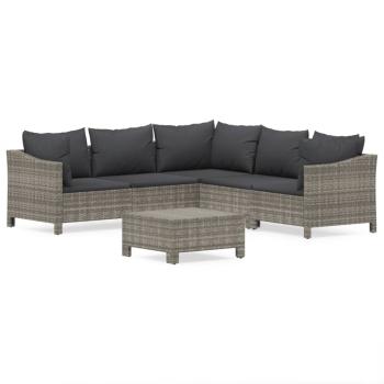 6-tlg. Garten-Lounge-Set mit Kissen Grau Poly Rattan