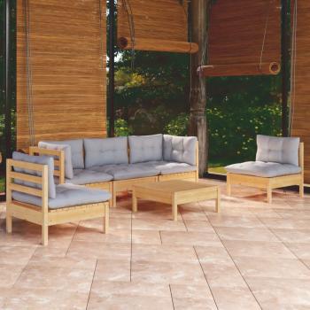 ARDEBO.de - 6-tlg. Garten-Lounge-Set mit Grauen Kissen Kiefer Massivholz