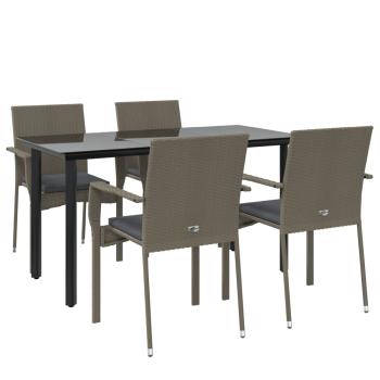 5-tlg. Garten-Essgruppe mit Kissen Schwarz und Grau Poly Rattan