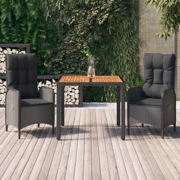 ARDEBO.de - 3-tlg. Garten-Essgruppe mit Kissen Schwarz Poly Rattan