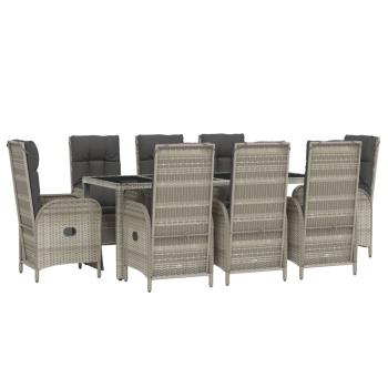 9-tlg. Garten-Essgruppe mit Kissen Grau Poly Rattan