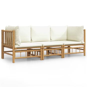 3-tlg. Garten-Lounge-Set mit Cremeweißen Kissen Bambus
