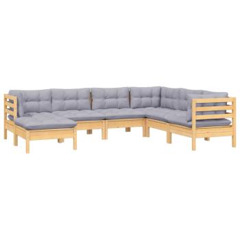7-tlg. Garten-Lounge-Set mit Grauen Kissen Kiefer Massivholz