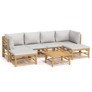 7-tlg. Garten-Lounge-Set mit Hellgrauen Kissen Bambus